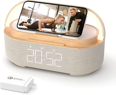 COLSUR 【2023 Newest】 Bluetooth Speaker with Digital Alarm Clock, Wireless Charger, FM Clock Radio, Adjustable LED Night Light, Dual Wireless Speakers,2500mAh Battery for Bedroom,Home, Adaptor (Wooden)