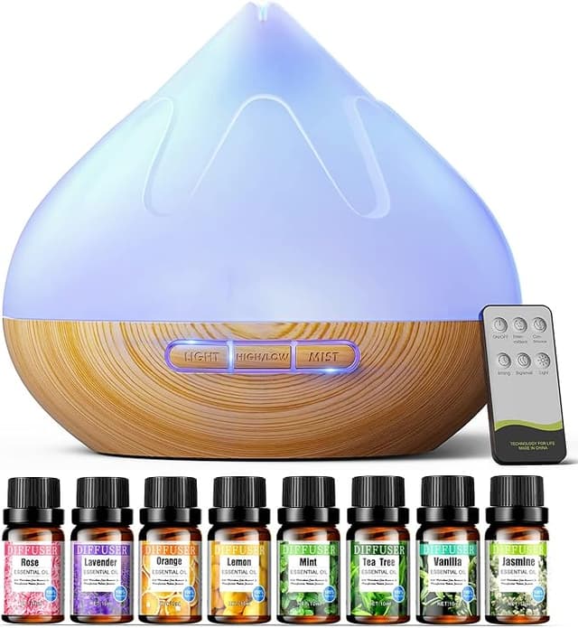 Aroma 500 ML Diffiser with Essential Oils Set, Essential Oil Diffuser with Remote Control, Humidifier with 14 Color Lights for Large Room, 4 Timer Setting, Auto Shut-Off